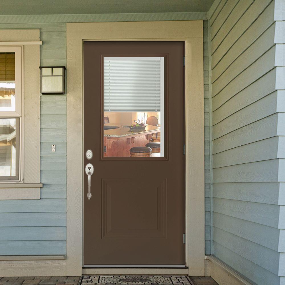 36 in. x 80 in. 1-Panel 1/2 Lite Mini-Blind Primed White Steel Prehung Front Door - Super Arbor