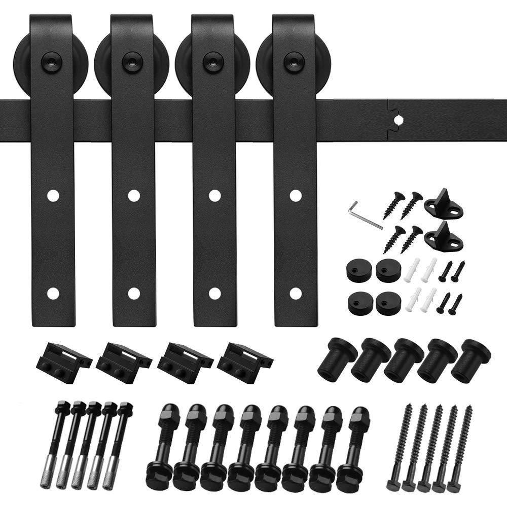 8 ft./96 in. Black Steel Sliding Barn Door Track and Hardware Kit for Double Doors with Floor Guides (J-Shape Hanger) - Super Arbor
