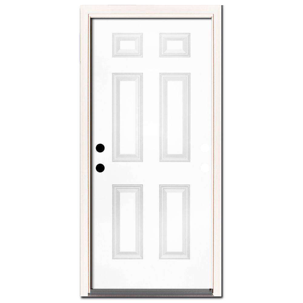30 in. x 80 in. Premium 6-Panel Primed White Steel Prehung Front Door Left-Hand Outswing and 4 in. Wall - Super Arbor