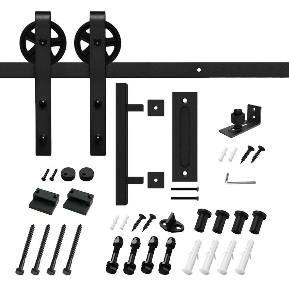 5 ft./60 in. Black Steel Bent Strap Sliding Barn Door Track and Hardware Kit with 12 in. Square Pull and Flush Handle - Super Arbor