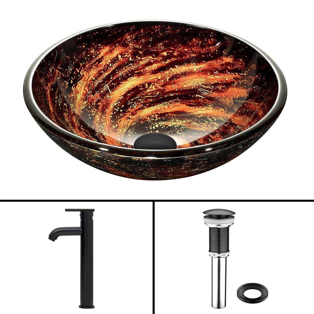Glass Vessel Bathroom Sink in Gray Onyx and Seville Faucet Set in Matte Black - Super Arbor