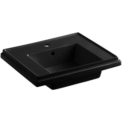 KOHLER Tresham 24 in. Fireclay Pedestal Sink Basin in Black Black with Overflow Drain