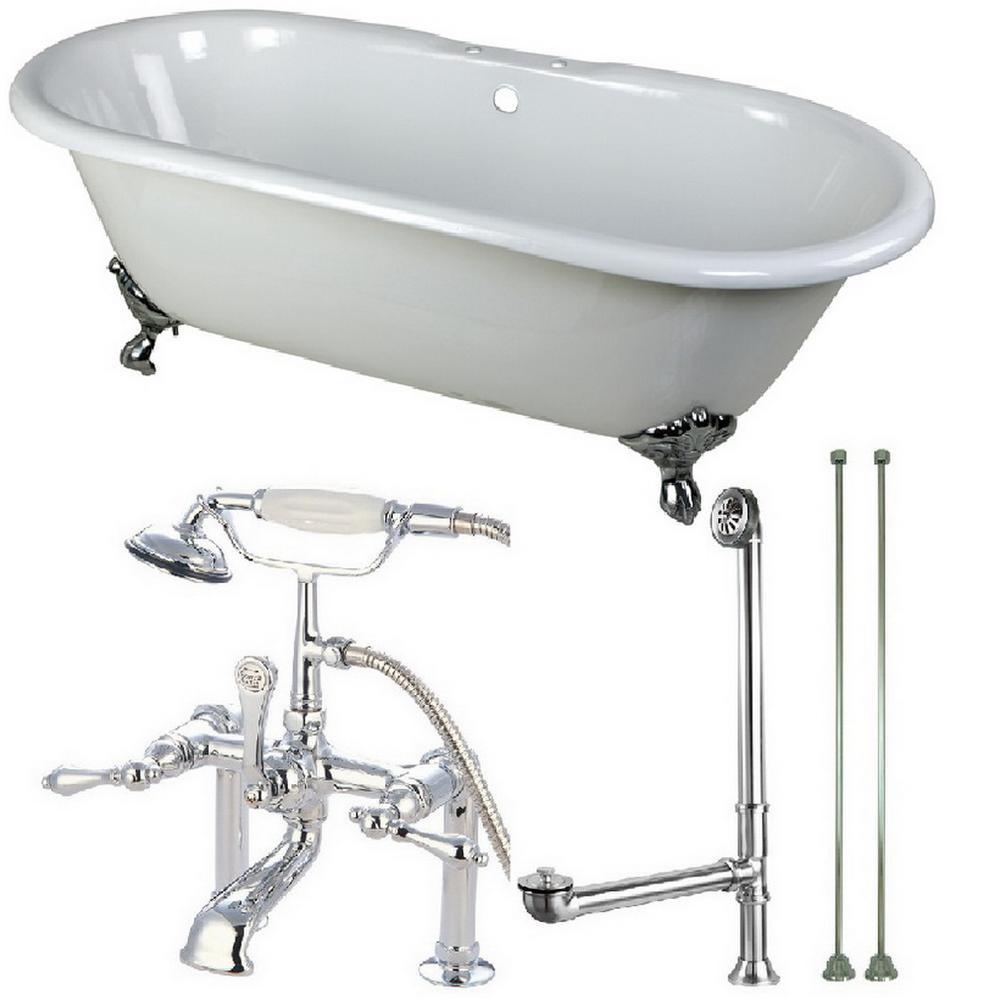 Classic Double Ended 66 in. Cast Iron Clawfoot Bathtub in White and Faucet Combo in Brushed Nickel - Super Arbor