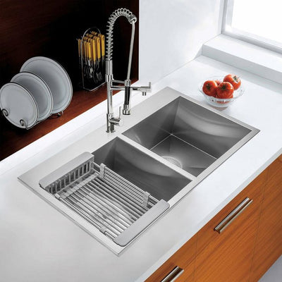 Drop-in Stainless Steel 33 in. x 22 in. 1-Hole 50/50 Double Bowl Kitchen Sink with Drying Rack