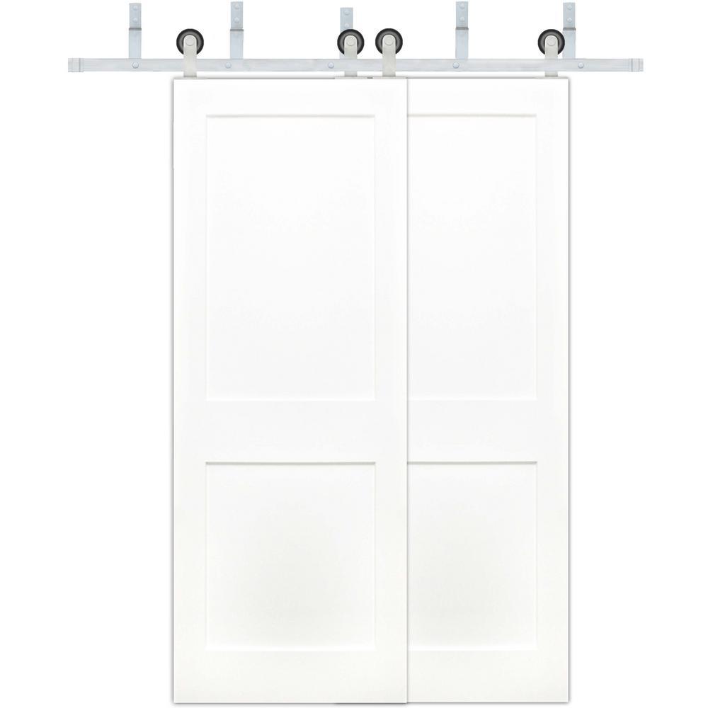 48in.x80in. Bypass Shaker Unfinished 2-Panel Solid Core Prime Pine Wood Sliding Barn Door with Bronze Hardware Kit - Super Arbor