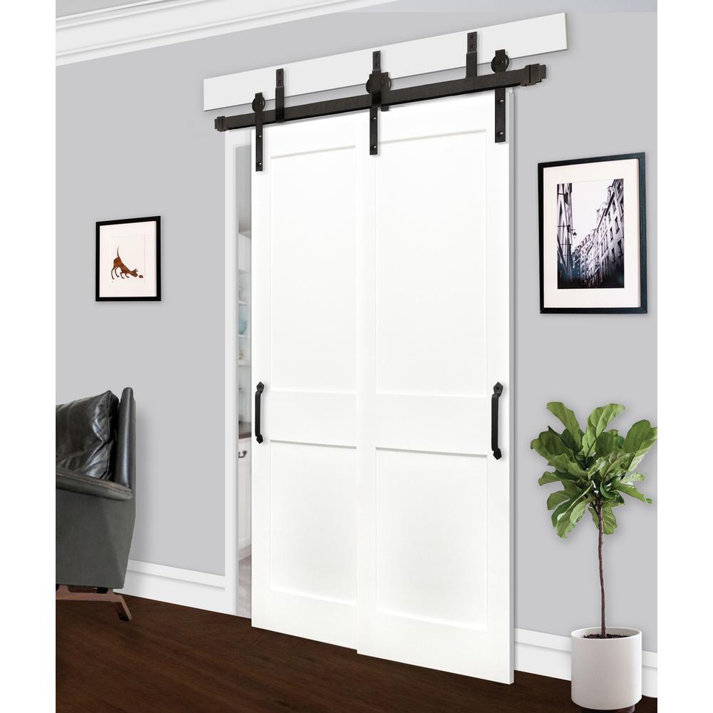 48in.x80in. Bypass Shaker Unfinished 2-Panel Solid Core Prime Pine Wood Sliding Barn Door with Bronze Hardware Kit - Super Arbor
