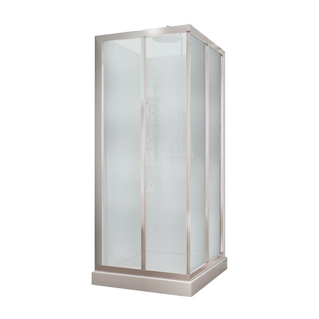 Mediterranean III 32 in. x 32 in. x 74 in. Corner Shower Kit with Center Drain in Chrome with Sliding Door