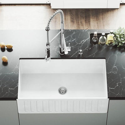 Matte Stone White Composite 33 in. Single Bowl Slotted Farmhouse Apron-Front Kitchen Sink with Faucet and Accessories