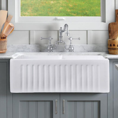 Napa White Fireclay 33 in. 50/50 Double Bowl Farmhouse Apron Front Kitchen Sink with Grids and Strainers
