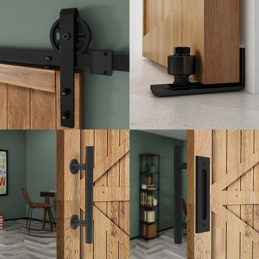 8 ft./96 in. Black Steel Bent Strap Sliding Barn Door Track and Hardware Kit with 12 in. Pull and Flush Handle - Super Arbor