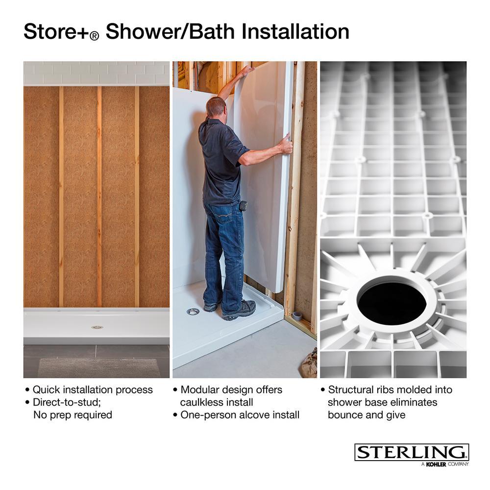 STORE+ 36 in. x 34 in. Single Threshold Center Drain Shower Base with Shower Walls and 10-Piece Accessory Kit in White - Super Arbor