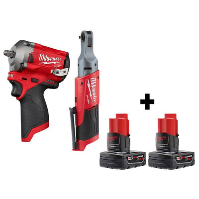 M12 FUEL 12-Volt Lithium-Ion Brushless Cordless Stubby 3/8 in. Impact Wrench & 1/4 in. Ratchet with Two 3.0Ah Batteries - Super Arbor