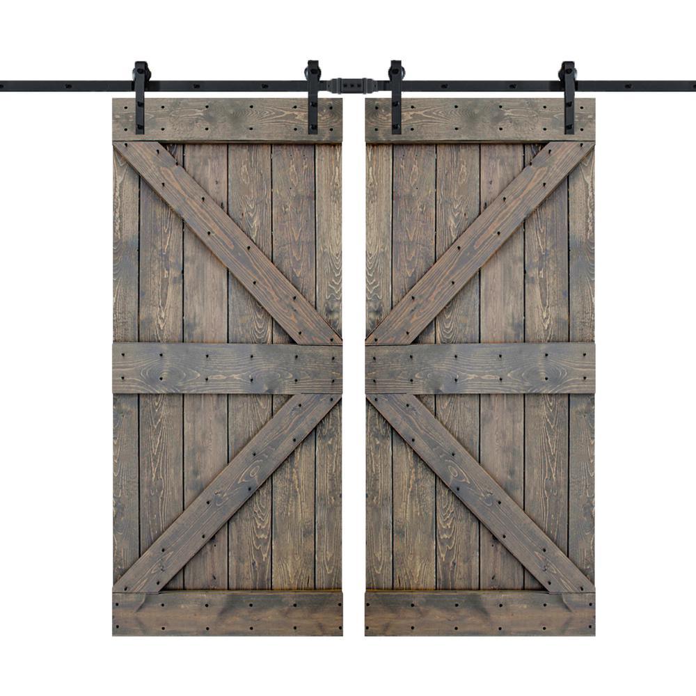 72 in x 84 in K Series Dark Walnut DIY Finished Knotty Pine Wood Double Sliding Barn Door Slab with Hardware Kit - Super Arbor