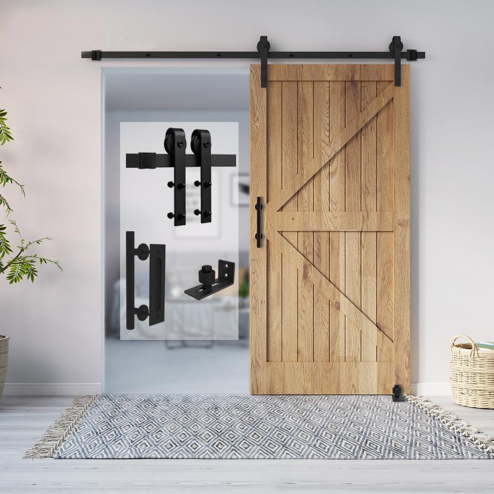 6.6 ft./79 in. Black Steel Strap Sliding Barn Door Track and Hardware Kit with 12 in. Cylinder Handle and Floor Guide - Super Arbor