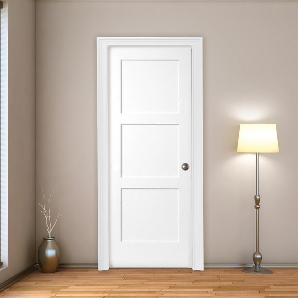 30 in. x 80 in. 3-Panel Equal Primed White Shaker Solid Core Wood Interior Door Slab - Super Arbor