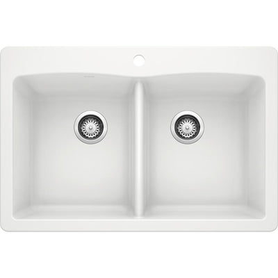 DIAMOND Dual Mount Granite Composite 33 in. 1-Hole 50/50 Double Bowl Kitchen Sink in White - Super Arbor