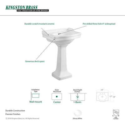 Kingston Brass Traditional Pedestal Combo Bathroom Vessel Sink in White with 8 in. Widespread