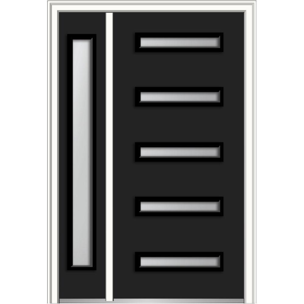 53 in. x 81.75 in. Davina Frosted Glass Right-Hand Inswing 5-Lite Modern Painted Steel Prehung Front Door with Sidelite - Super Arbor