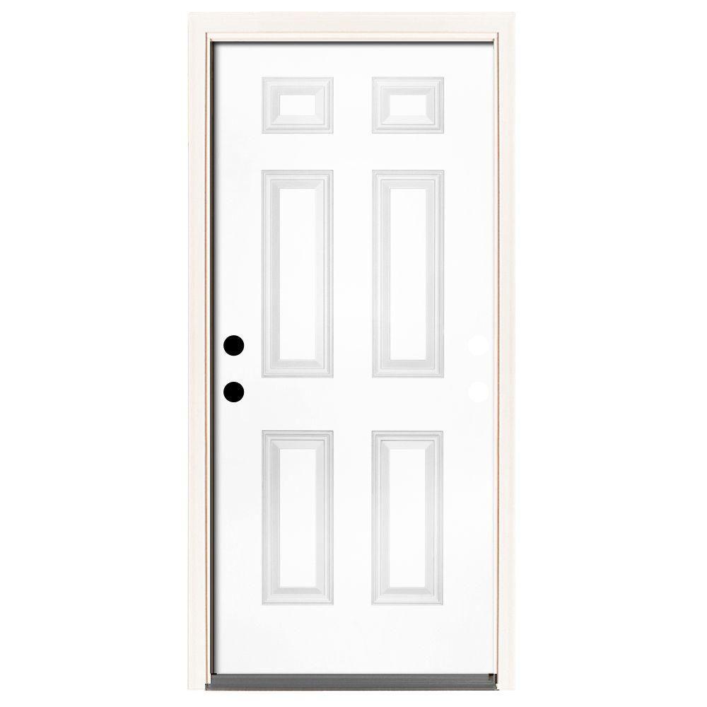 30 in. x 80 in. Premium 6-Panel Primed White Steel Prehung Front Door Left-Hand Outswing and 4 in. Wall - Super Arbor