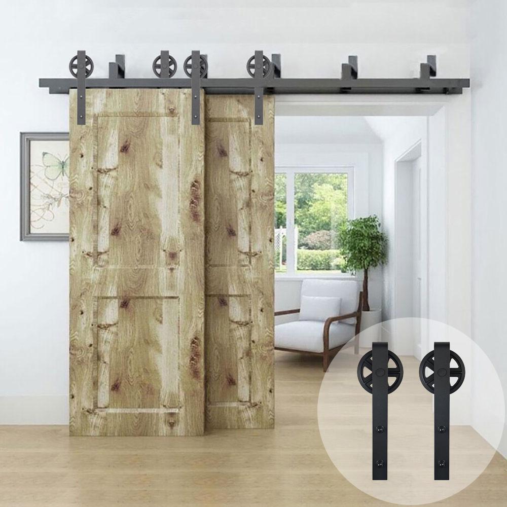 8 ft./96 in. Black Sliding Bypass Barn Door Hardware Track Kit for Double Doors with Non-Routed Floor Guide - Super Arbor