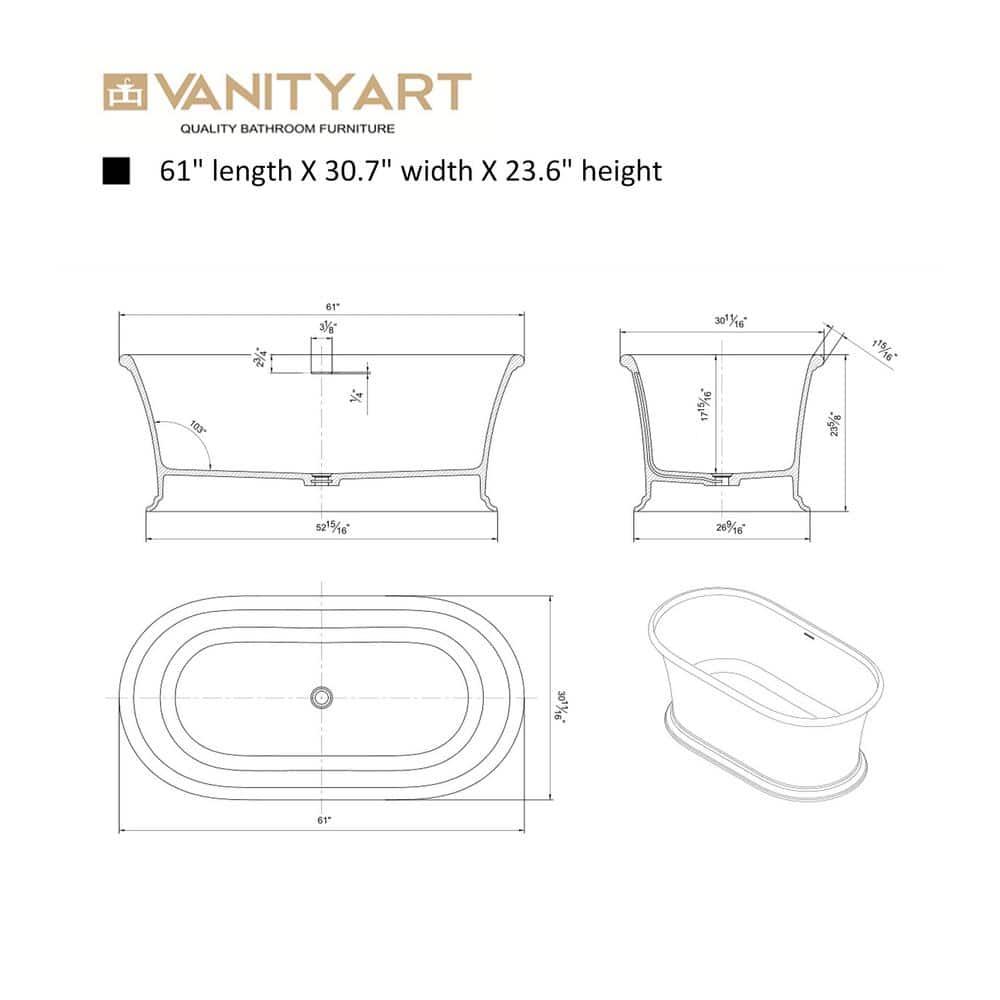 Vanity Art Drancy 61 in. x 31 in. Solid Surface Resin Stone Flatbottom Freestanding Bathtub in Glossy White