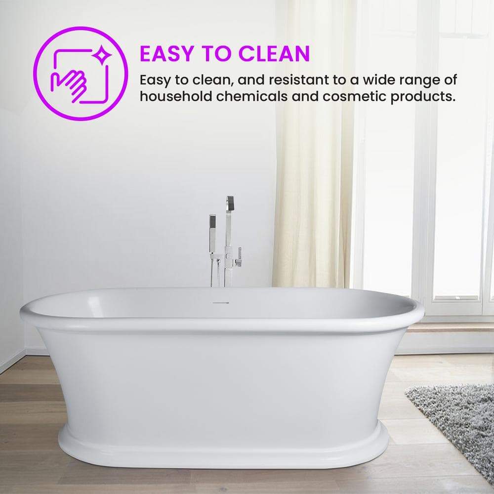 Vanity Art Drancy 61 in. x 31 in. Solid Surface Resin Stone Flatbottom Freestanding Bathtub in Glossy White
