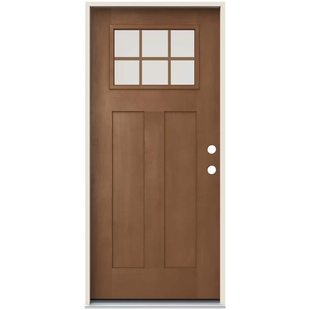 JELD-WEN 36 in. x 80 in. Left-Hand Craftsman 6 Lite Clear Glass Hazelnut Stain Fiberglass Prehung Front Door with Brickmould