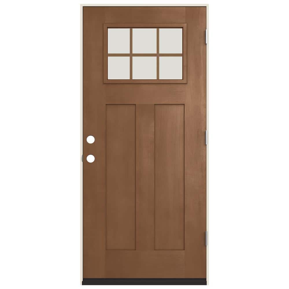 JELD-WEN 36 in. x 80 in. Left-Hand Craftsman 6 Lite Clear Glass Hazelnut Stain Fiberglass Prehung Front Door with Brickmould
