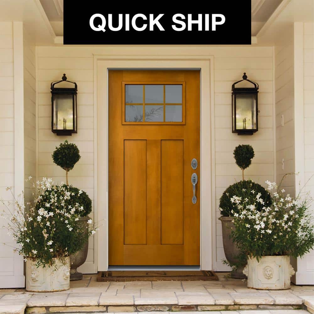 36 in. x 80 in. Left-Hand Craftsman 6 Lite Clear Glass Hazelnut Stain Fiberglass Prehung Front Door with Brickmould