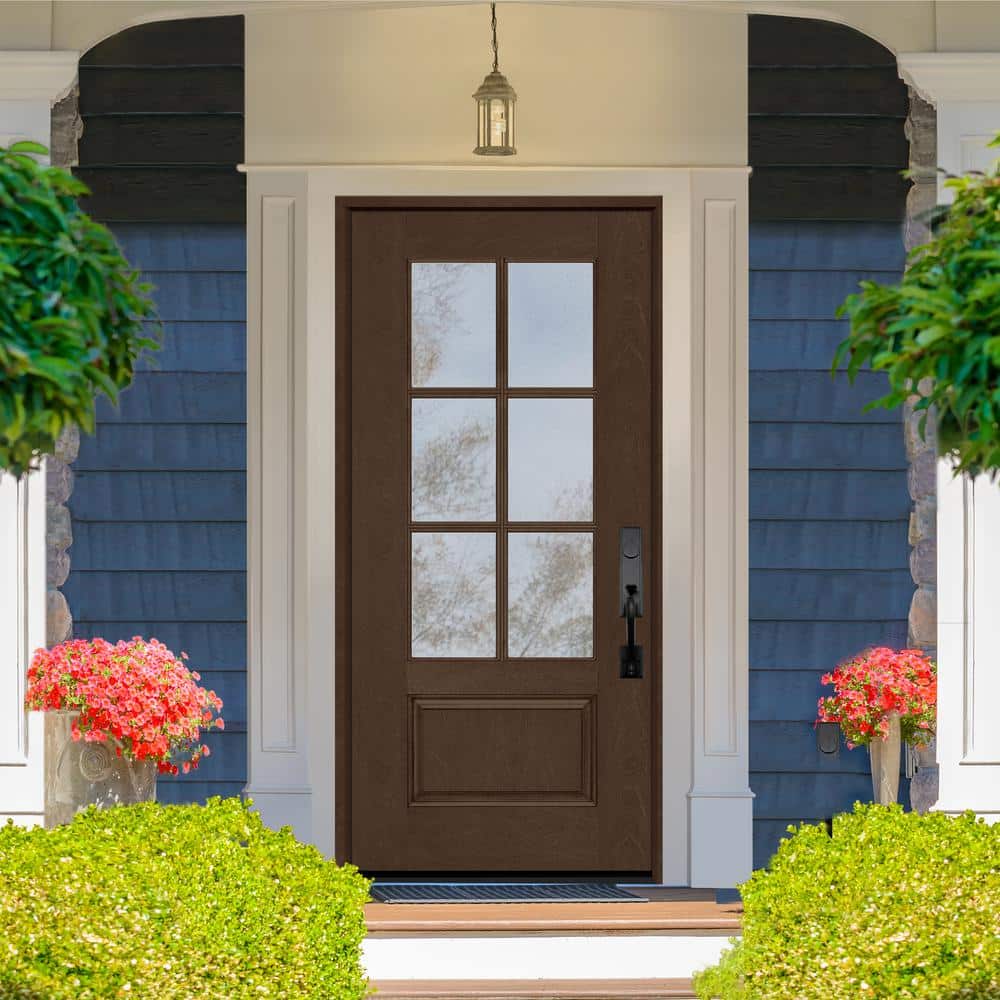 Steves & Sons Regency 36 in. x 80 in. 3/4-6 Lite Clear Glass LHIS Hickory Stain Mahogany Fiberglass Prehung Front Door