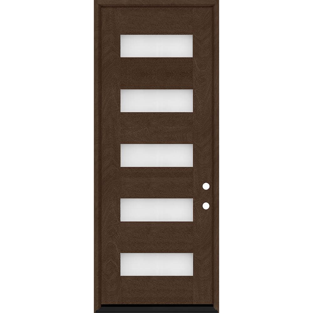Steves & Sons Regency 36 in. x 96 in. 5L Modern Frosted Glass LHIS Hickory Stained Fiberglass Prehung Front Door