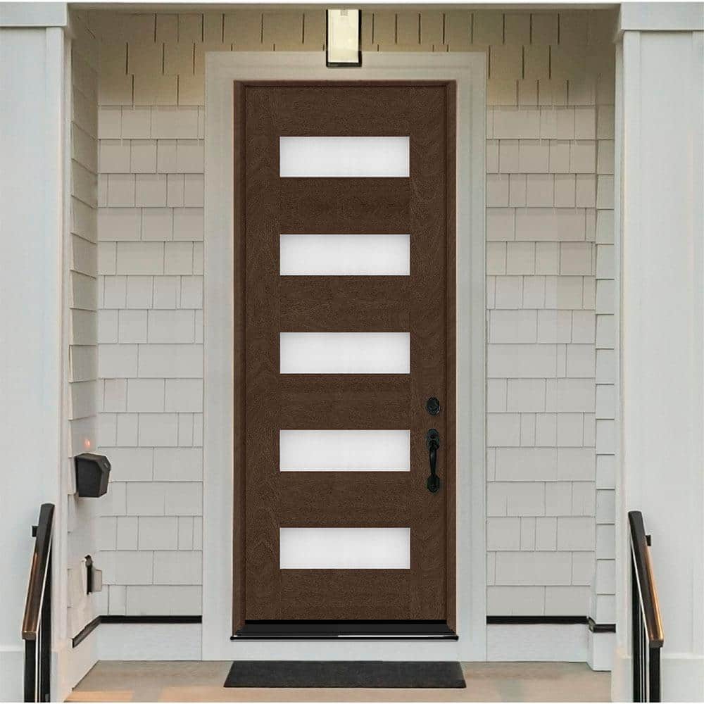 Steves & Sons Regency 36 in. x 96 in. 5L Modern Frosted Glass LHIS Hickory Stained Fiberglass Prehung Front Door
