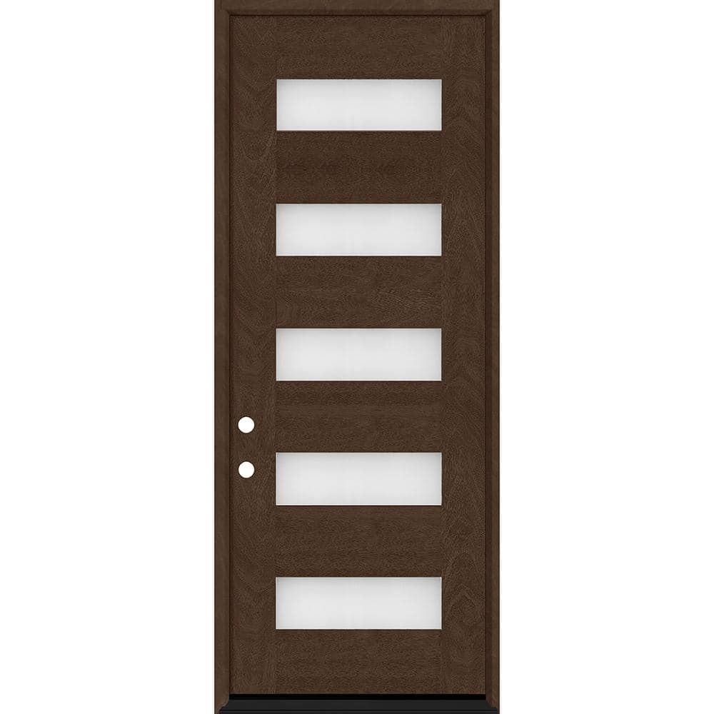 Steves & Sons Regency 36 in. W x 96 in. 5-Lite Modern Frosted Glass RHIS Hickory-Stained Fiberglass Prehung Front Door