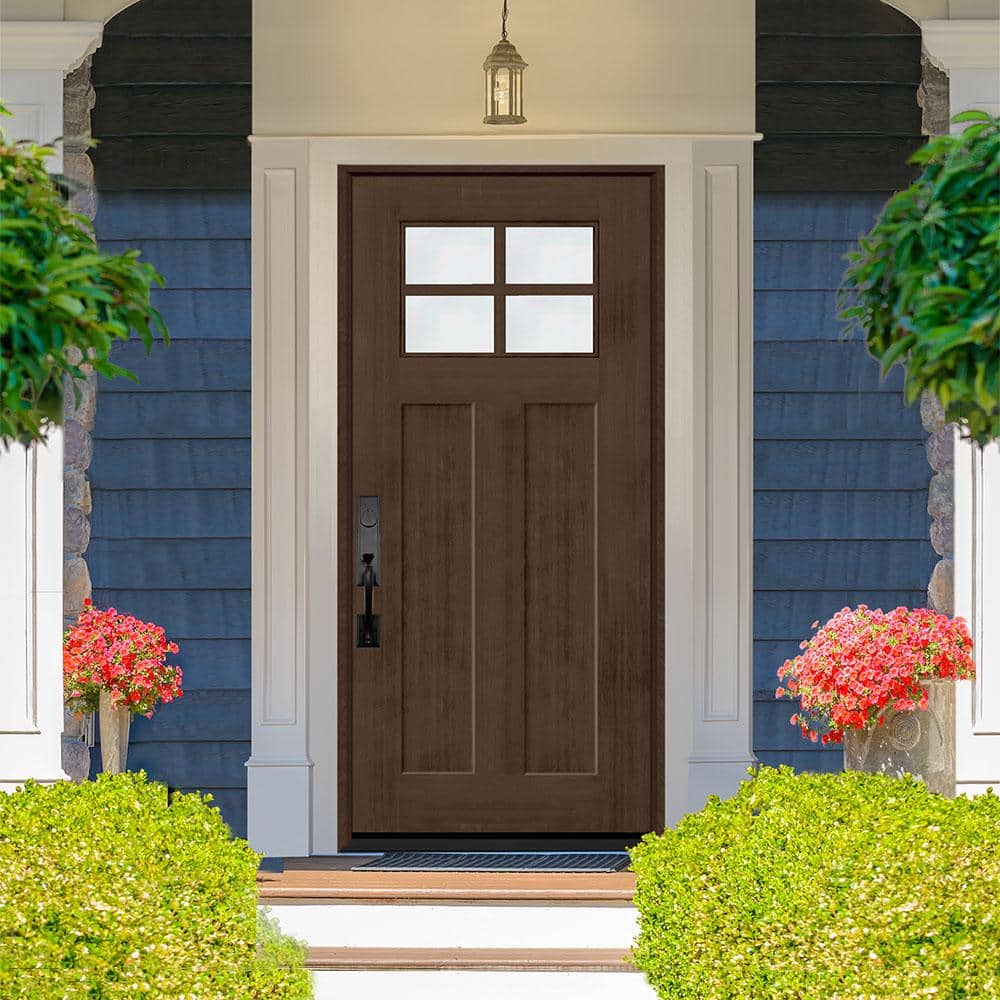 Steves & Sons Regency 36 in. x 80 in. LHOS 4Lite 1/4 Toplite Clear Glass Hickory Stain Fir Grain Fiberglass Prehung Front Door