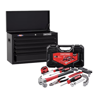 CRAFTSMAN 1000 Series 26-in W x 17.25-in H 5-Drawer Steel Tool Chest (Black) & 57-Piece Household Tool Set with Hard Case