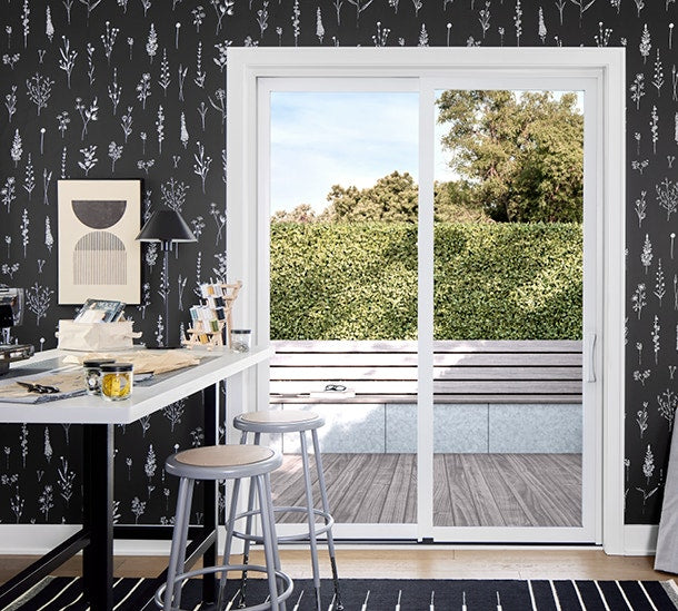 Pella Impervia Series 72-in x 80-in 4-9/16-in Low-E Argon Black Fiberglass Sliding Left-Hand Double Patio Door