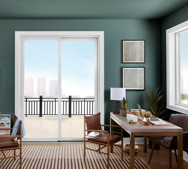 Pella Impervia Series 72-in x 80-in 4-9/16-in Low-E Argon Black Fiberglass Right-Hand Sliding Double Patio Door