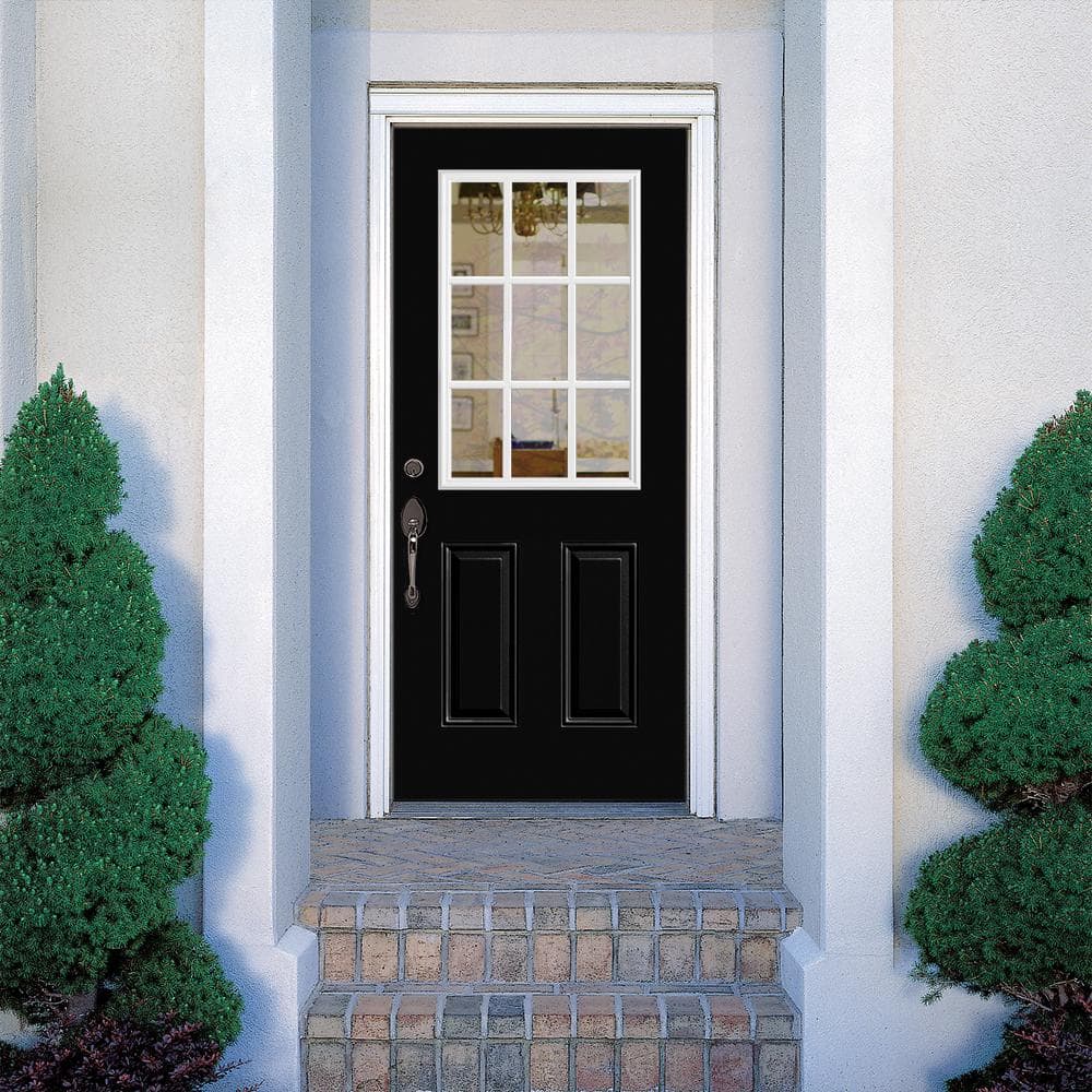 Masonite 32 in. x 80 in. 9 Lite Left-Hand Inswing Painted Steel Prehung Exterior Door with Brickmold, Jet Black