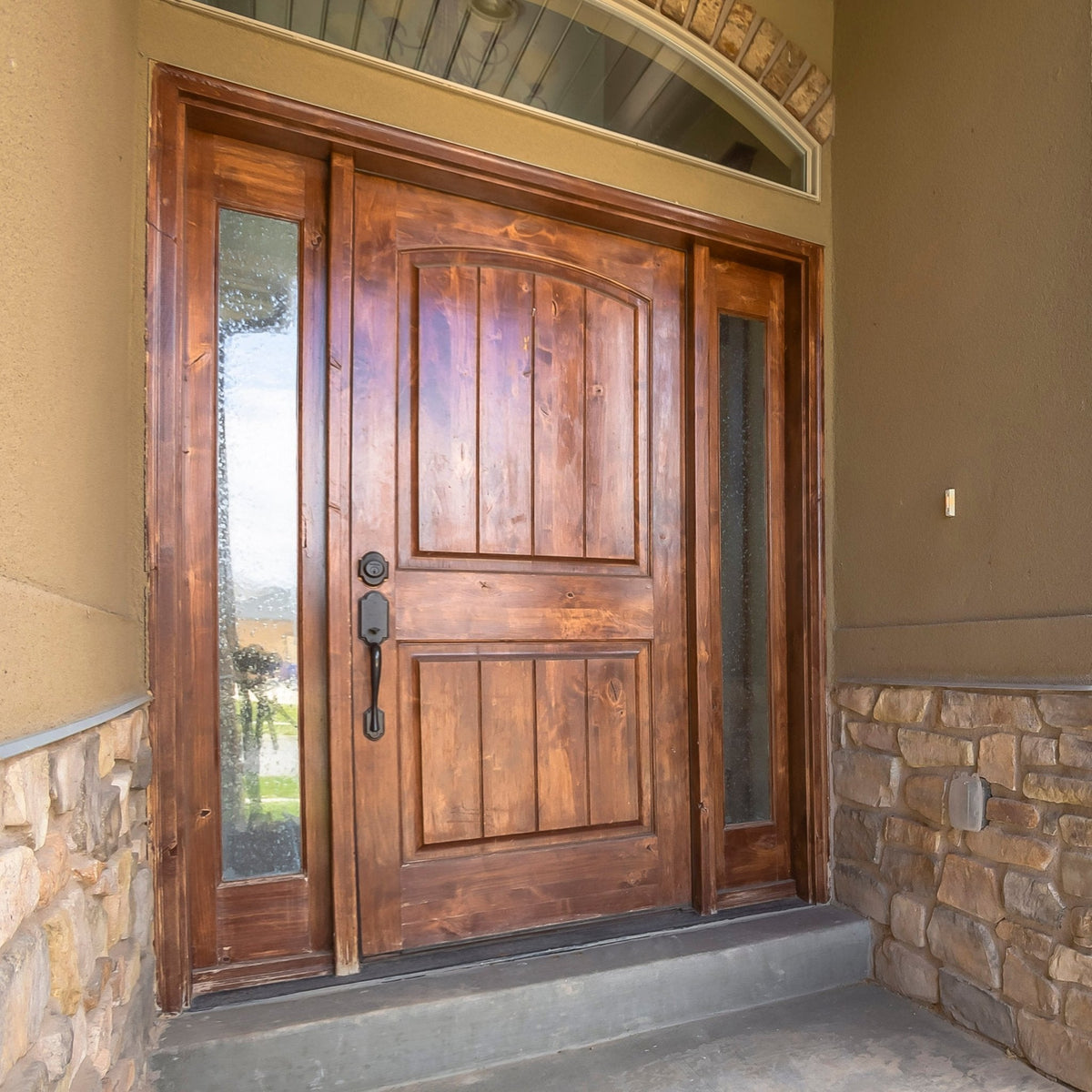 Krosswood Doors 36 in. x 80 in. Rustic Knotty Alder 2-Panel Top Rail Arch Solid Wood Core Stainable Right-Hand Prehung Exterior Door