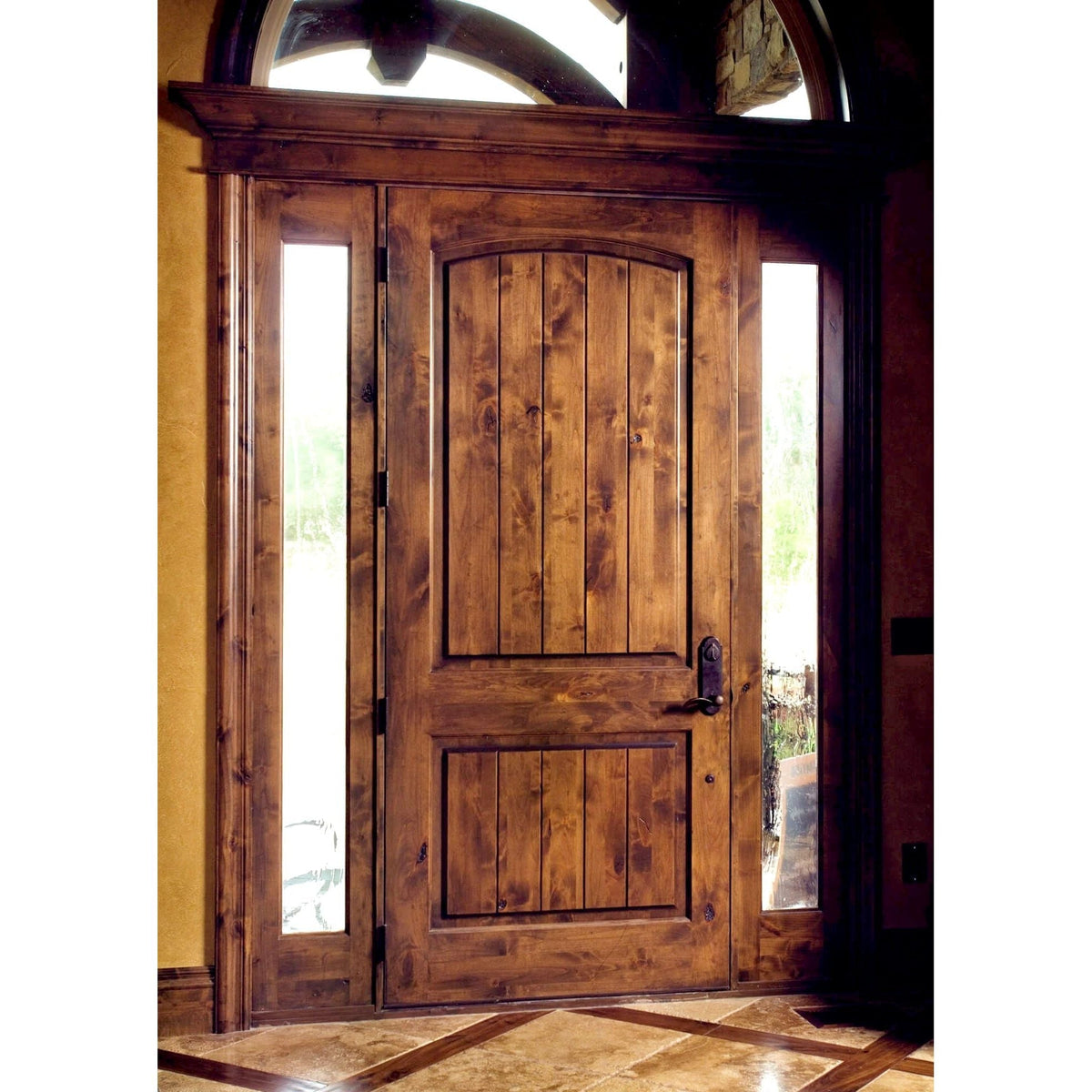 Krosswood Doors 36 in. x 80 in. Rustic Knotty Alder 2-Panel Top Rail Arch Solid Wood Core Stainable Right-Hand Prehung Exterior Door