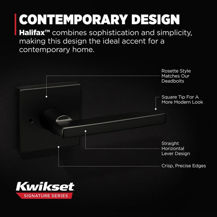 Kwikset Halifax Square Matte Black Bed/Bath Door Lever with Lock