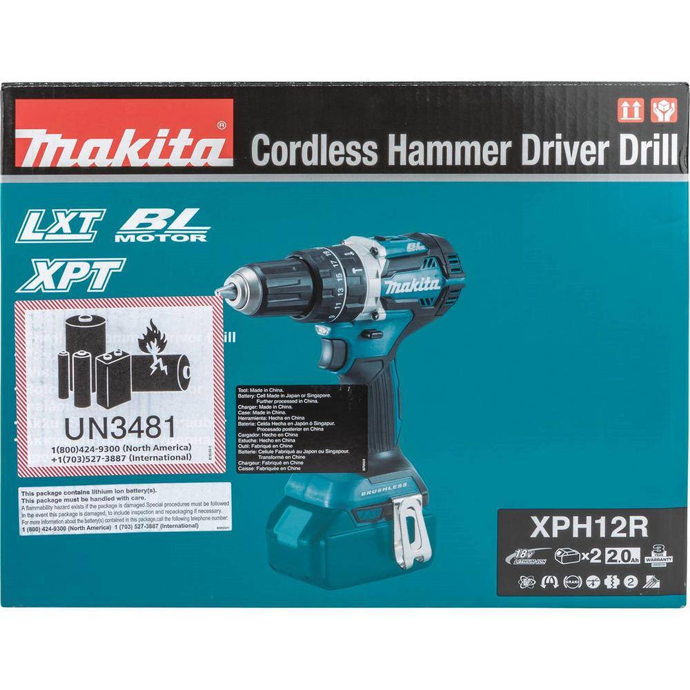 Makita 18V LXT Lithium‑Ion Compact Brushless Cordless 1/2 in. Hammer Driver‑Drill Kit with (2) 2.0Ah Batteries and Hard Case