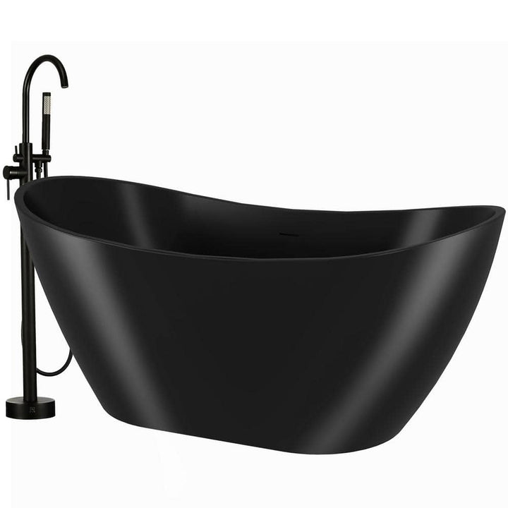 AKDY 60 in. Solid Matte Black Inside/Outside Freestanding Bathtub with Tub Filler Combo – Modern Flatbottom Stand-Alone Double Slipper Tub