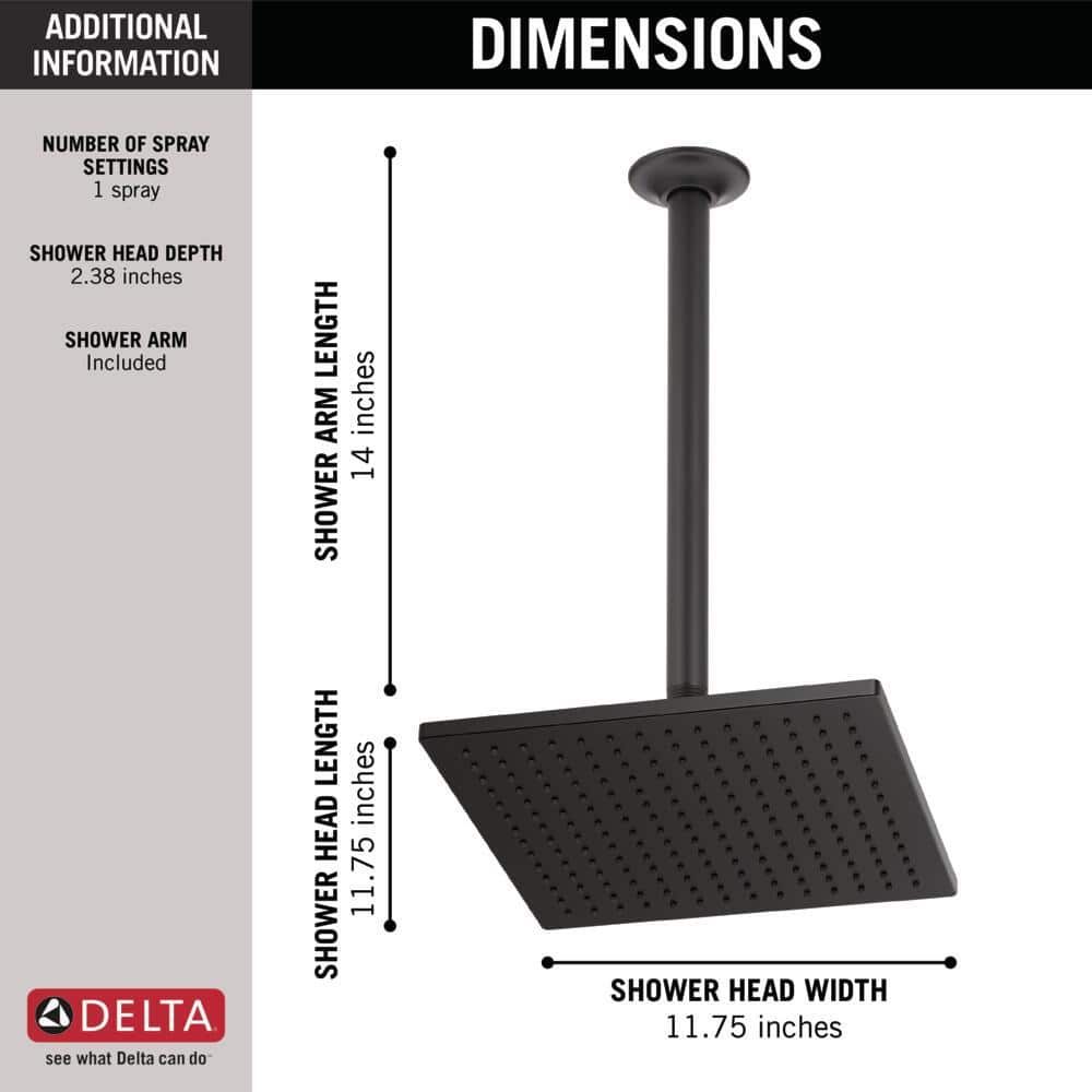 Delta 1-Spray 11.75 in. Wall Mount Square Fixed Rain Shower Head in Matte Black