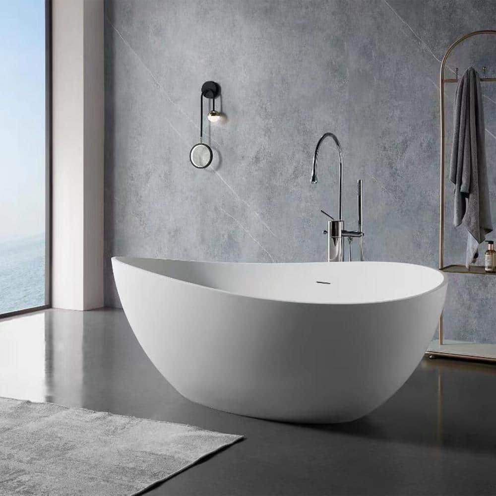 Vanity Art 63 in. L x 37.4 in. W Soaking Freestanding Stone Bathtub with Center Drain in White