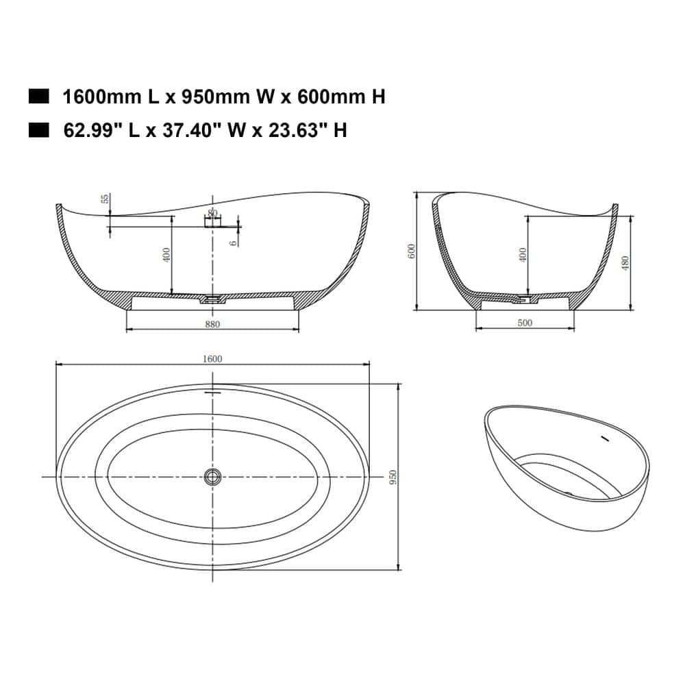 Vanity Art 63 in. L x 37.4 in. W Soaking Freestanding Stone Bathtub with Center Drain in White