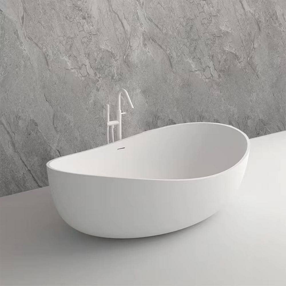 Vanity Art 63 in. L x 37.4 in. W Soaking Freestanding Stone Bathtub with Center Drain in White