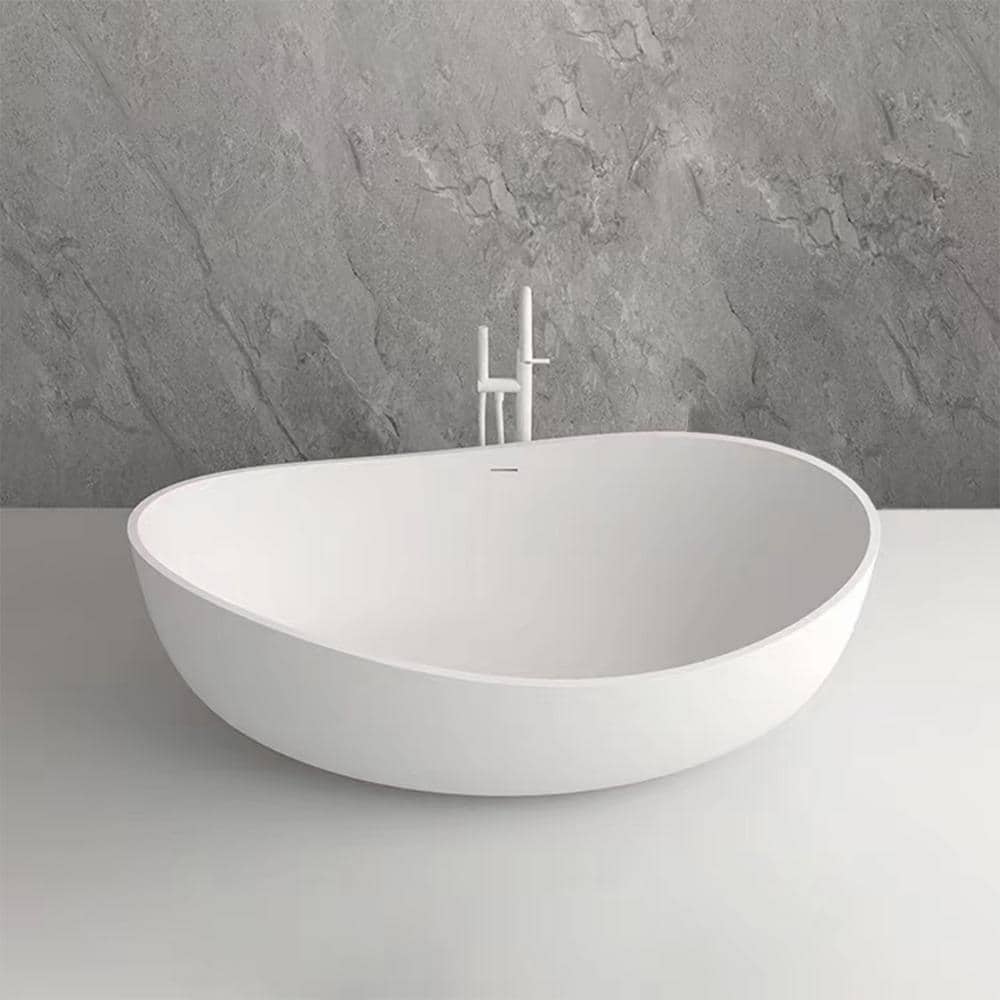 Vanity Art 63 in. L x 37.4 in. W Soaking Freestanding Stone Bathtub with Center Drain in White