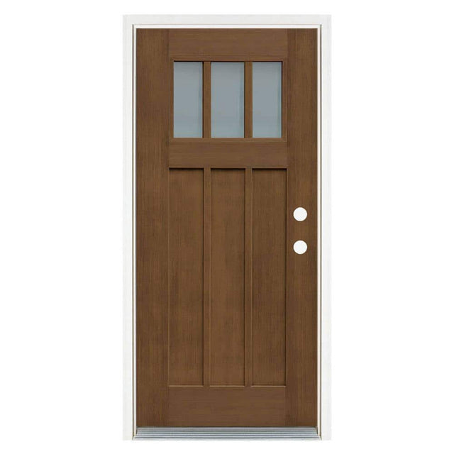 36 in. x 80 in. Medium Oak Left-Hand Inswing 3 Lite Frosted Craftsman Stained Fiberglass Prehung Front Door