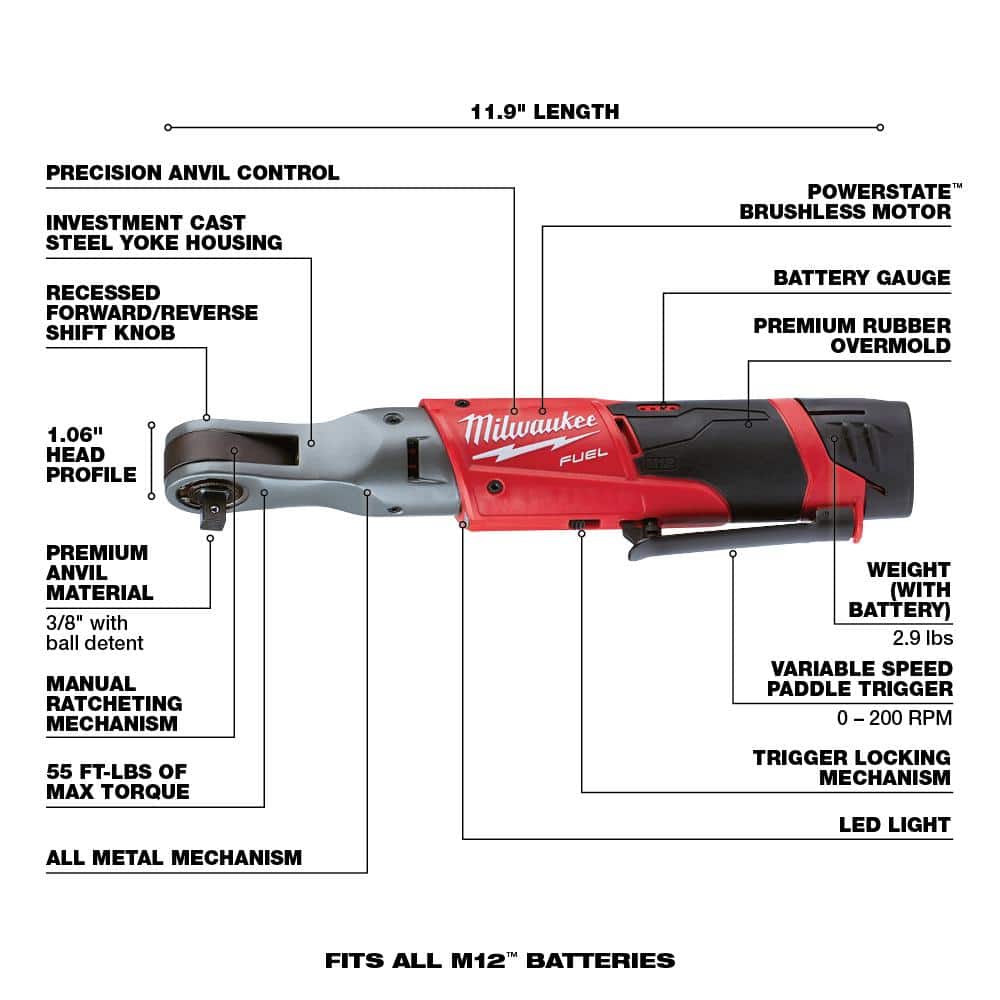 Milwaukee M12 FUEL 12V Lithium-Ion Brushless Cordless 3/8 in. Ratchet Kit (2557-22) with (2) 2.0Ah Batteries, Charger & Tool Bag